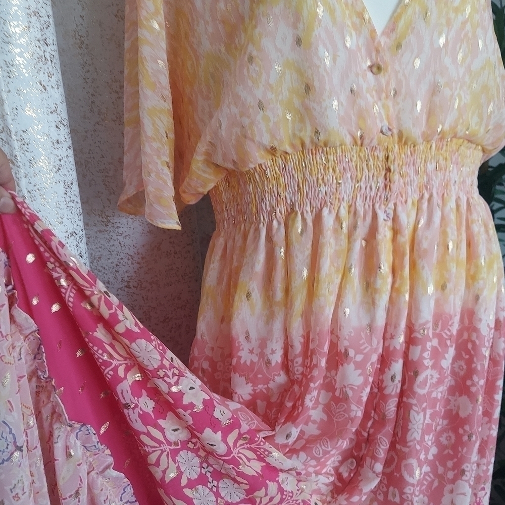 House Of Harlow 1960 Maxi Floral Short Sleeve Dress Gold Accent Button Down M - Picture 4 of 10